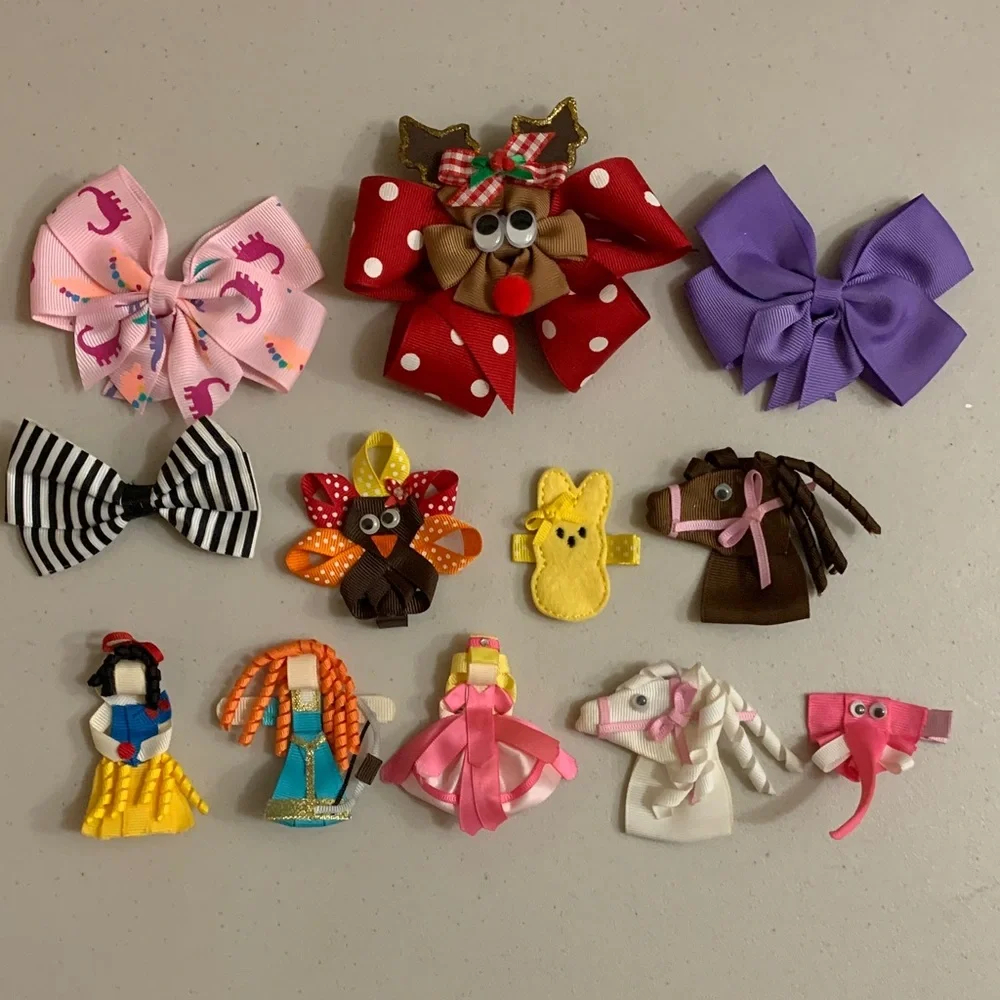 Handmade Hair Bow Barrettes Princess Horses Reindeer Bunny Dinosaur Turkey Etc